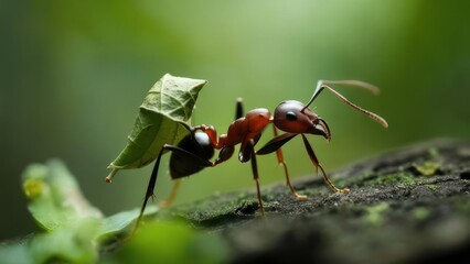 Red ant carrying leaf