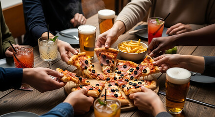 A lively group of diverse friends gathering around a table, sharing a delicious pizza with beers and cocktails