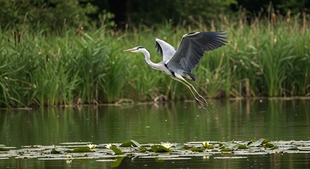 One gray heron flying over a pond