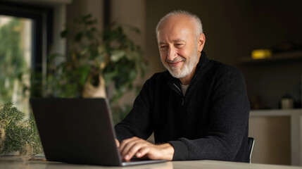 Fototapeta premium Senior man working on laptop in cozy sweater with warm lighting