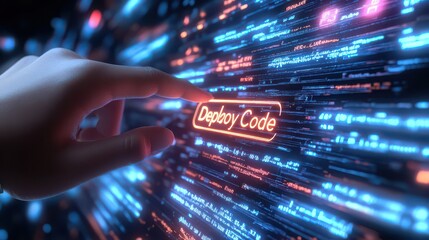 Finger pressing a deploy code button on a futuristic interface with flowing digital information