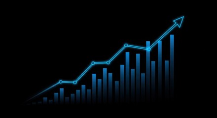 Abstract glowing blue financial bar chart with upward arrow on black background