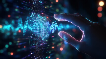 A glowing hand interacting with a digital waveform display in a futuristic environment concept art