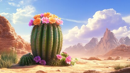 Flowering cactus in desert landscape with mountains, blooming season, sunny sky