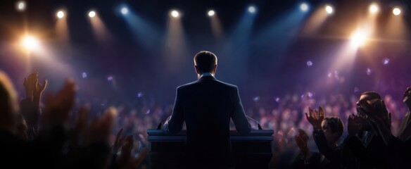 The speaker captivating the audience with powerful gestures during a speech.