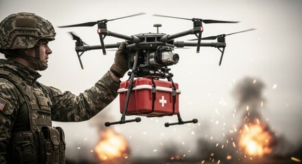 Male soldier holding a drone with first aid box for medical supply delivery. Modern military technology and war medicine concept.