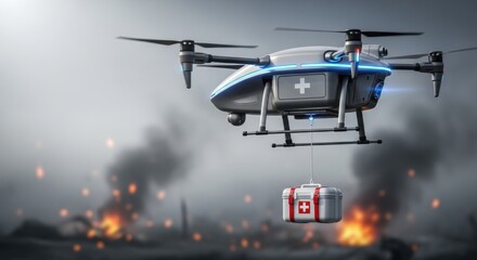 Medical drone flying with first aid kit during wartime. Unmanned aerial vehicle for emergency assistance and humanitarian operation.