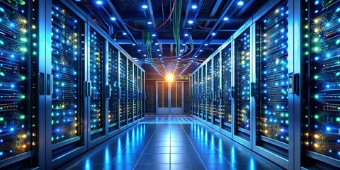 Photo of a server room with rows of computer racks, showcasing data storage and network infrastructure in a modern, technological environment with futuristic lighting and abstract elements