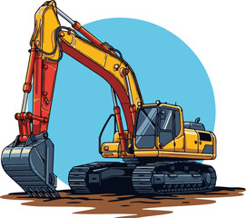 Vector art of yellow excavator with red boom and blue bucket on dirt