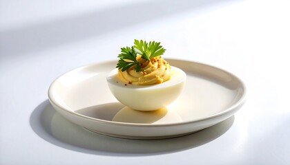 Delicious deviled egg garnished with fresh herbs on a clean plate ready for serving during a spring gathering