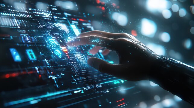 A hand interacting with a futuristic interface with glowing blue lights and complex digital patterns