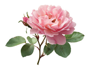 Isolated on transparent background, a pink rose flower with green leaves and stem