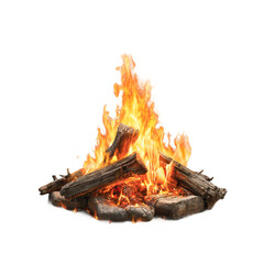 Burning campfire with firewood isolated on transparent background in closeup view