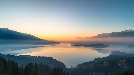 Fototapeta premium Tranquil mountain landscape with a mirror-like lake under soft morning light.