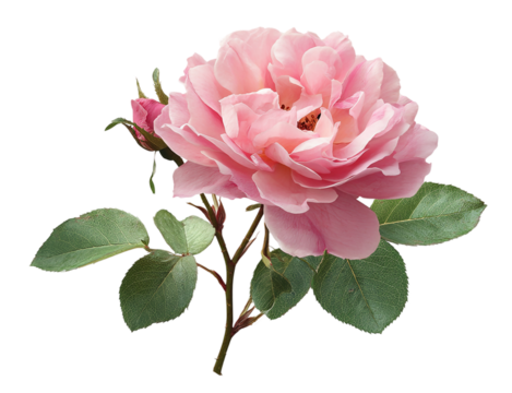 Isolated on transparent background, a pink rose flower with green leaves and stem