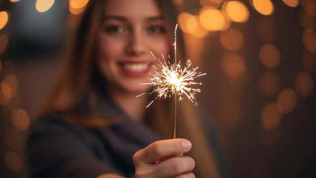 Young woman smiling while holding a sparkler with bokeh background   - Powered by Adobe