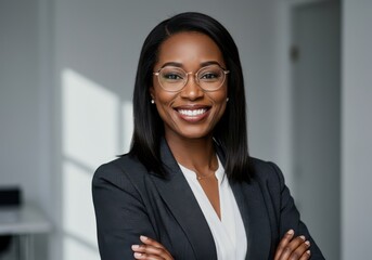 Smiling black woman in business attire with arms crossed
