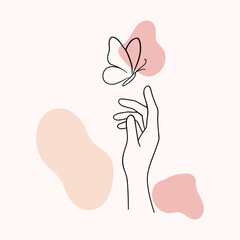 Minimal line art hand reaching for butterfly with soft abstract shapes