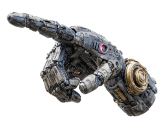 Mechanical robot hand pointing isolated on transparent background