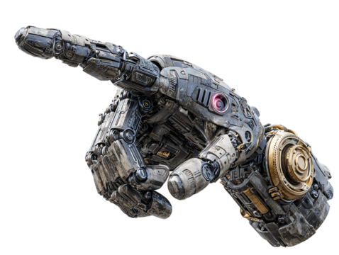 Mechanical robot hand pointing isolated on transparent background