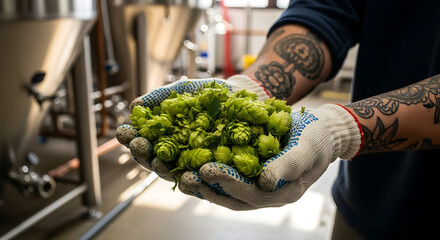 The art of brewing A tattooed brewer proudly holds fresh green hop cones inside a craft brewery facility with steel vats.
