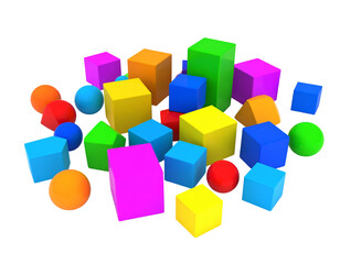 Obraz premium Colorful geometric shapes scatter on a black background, showcasing concept of modern design