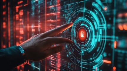 A hand touching a digital interface with a glowing padlock symbol in a futuristic environment display