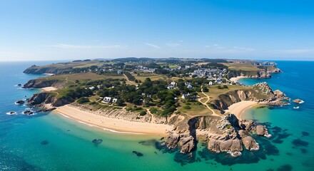 An aerial view of Perharidy peninsula from drone, with lush tropical palms, on a sunny day with blue sky in France, Bretagne, Roscoff