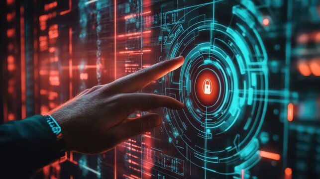 A hand touching a digital interface with a glowing padlock symbol in a futuristic environment display