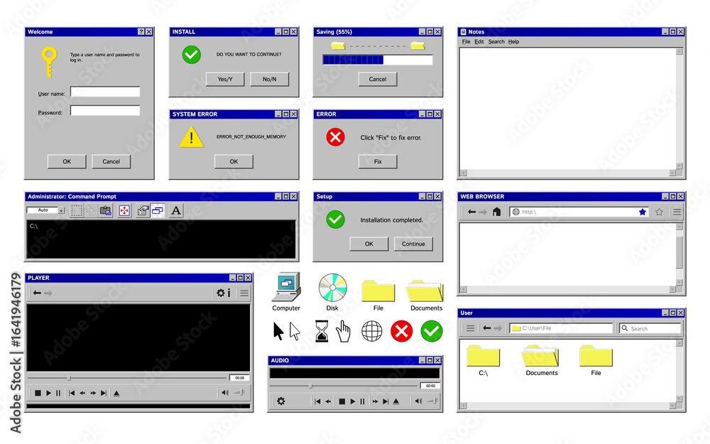 Wall mural old program windows set with isolated images of retro computer app interface with colorful icons but
