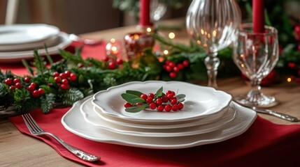 Fototapeta premium A festive dining table set with elegant dishes and holiday decorations.