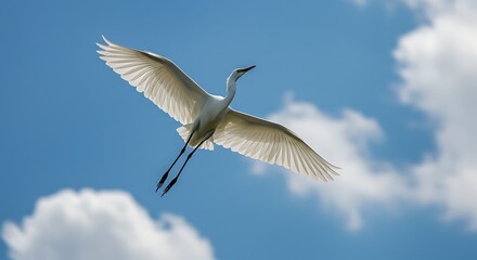Fototapeta premium A low angle shot of a white great egret bird flying in a blue sky
