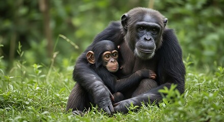 Scenic a young chimpanzee nestled in its mother's embrace, showcasing tender animal bonding in a natural setting.