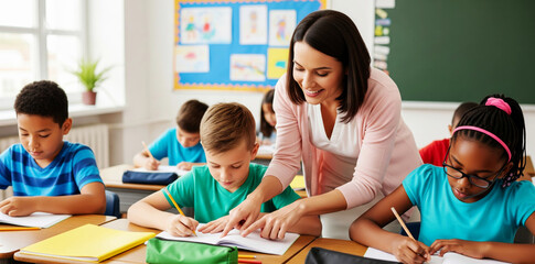 Diverse Students Studying in Primary School Classroom
