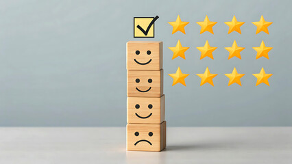 Ai generated image of customer satisfaction survey with wooden blocks and stars for good experience