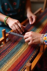 Artisan Hand Weaving Vibrant Multicolored Fabric – Traditional Textile Craftwork Close-Up