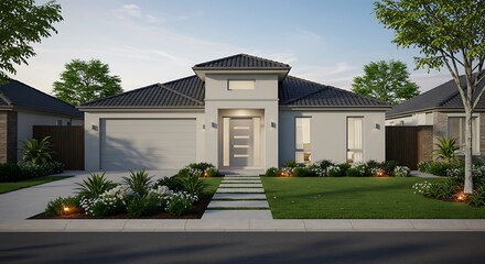 Modern single-story house with minimalist design, large windows, and landscaped front yard in a suburban neighborhood.