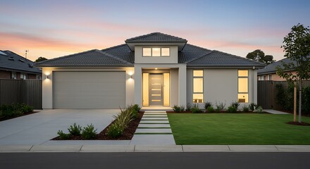 Scenic modern single-story house with minimalist design, large windows, and landscaped front yard in a suburban neighborhood.