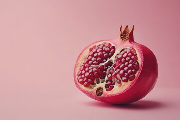 A single pomegranate, cut in half to reveal its juicy seeds, isolated against a neutral background