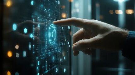 A finger touching a glowing screen with digital interface and binary code in a dark environment