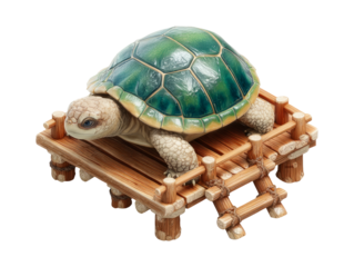 Realistic Turtle Figurine on Wooden Platform with Green Details