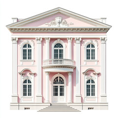 Obraz premium Elegant Pink Neoclassical Building Facade with Balcony and Columns pink building