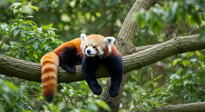 Red panda resting on a tree branch surrounded by lush green leaves in a natural habitat. - scenic perspective