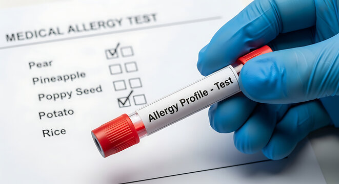 A healthcare professional's gloved hand meticulously holds a blood sample tube for a medical allergy profile test, with a diagnostic form clearly indicating checked food sensitivities.