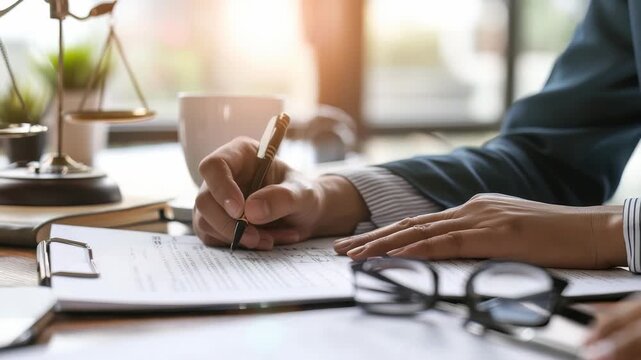 Legal professional meticulously reviews paperwork at sunlit desk adorned with scales justice. Glasses rest nearby as they sign documents, highlighting focus, detail required in their work