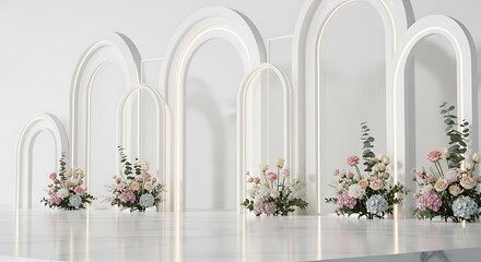 Elegant Wedding Backdrop with White Arches and Floral Arrangements