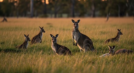 A selective focus shot of Eastern grey kangaroos in long grass at sunset in Melbourne, Australia