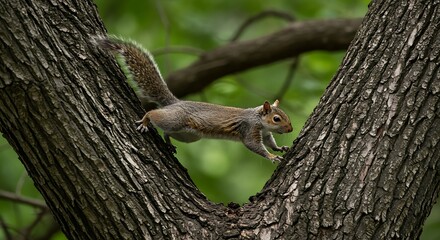 A closeup shot of an adorable grey squirrel (Sciurus carolinensis) jumping on the tree - scenic perspective