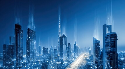 Futuristic Cityscape with Digital Network Connectivity and Illuminated Skyline at Dusk, Representing Innovation and Technology