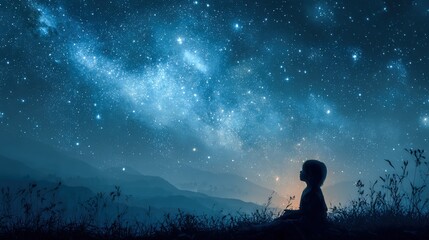 Contemplative Silhouette Gazing at the Starry Night Sky: A Serene Cosmic Landscape
